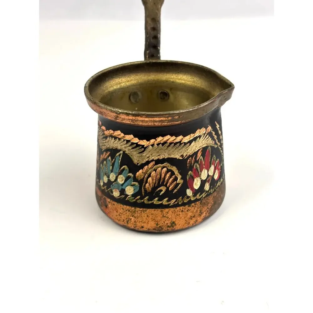 Vintage Turkish Hand Painted Copper Coffee Pot Kettle Decor Cezve Wooden Handle‎